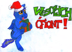 Size: 3251x2345 | Tagged: safe, artist:saxpony, imported from derpibooru, oc, oc only, oc:skaj, pegasus, pony, christmas, hat, male, polish, present, santa hat, solo, stallion, traditional art, translated in the description