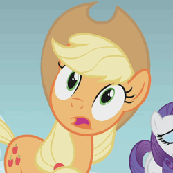 Size: 511x512 | Tagged: safe, imported from derpibooru, screencap, applejack, rarity, earth pony, pony, unicorn, dragonshy, cropped, faic, solo focus