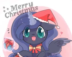 Size: 807x640 | Tagged: safe, artist:dream candy, artist:kinda-l, imported from derpibooru, princess luna, alicorn, pony, bowtie, cute, eye clipping through hair, female, hat, lunabetes, magic, open mouth, present, santa hat, solo, telekinesis