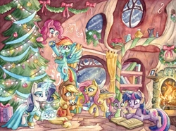Size: 6828x5077 | Tagged: safe, artist:the-wizard-of-art, imported from derpibooru, applejack, fluttershy, pinkie pie, rainbow dash, rarity, spike, twilight sparkle, dragon, earth pony, pegasus, pony, unicorn, absurd resolution, book, bookshelf, cake, chocolate, christmas ornament, christmas tree, christmas wreath, clothes, decoration, dress, female, fireplace, food, golden oaks library, hot chocolate, it's a pony kind of christmas, magic, male, mane seven, mane six, mare, present, prone, scarf, snow, snowfall, telekinesis, traditional art, tree, unicorn twilight, watercolor painting