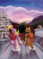 Size: 3600x5000 | Tagged: safe, artist:stec-corduroyroad, imported from derpibooru, oc, oc only, oc:corduroy road, oc:mattyhex, earth pony, pony, absurd resolution, bridle, christmas, clothes, cordy, hearth's warming, scarf, scarves, sleigh, snow, snowfall, tack, tree