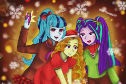 Size: 1024x682 | Tagged: safe, artist:violetleegee, imported from derpibooru, adagio dazzle, aria blaze, sonata dusk, equestria girls, bow, cellphone, clothes, hair bow, hat, holly, open mouth, phone, santa hat, selfie, the dazzlings, waving
