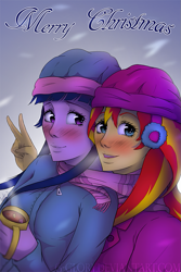 Size: 675x1013 | Tagged: safe, artist:g-glory, imported from derpibooru, sunset shimmer, twilight sparkle, equestria girls, blushing, chocolate, clothes, earmuffs, female, food, hat, hot chocolate, jacket, lesbian, merry christmas, scarf, shipping, sunsetsparkle