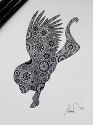Size: 1600x2145 | Tagged: safe, artist:marzillas-art, imported from derpibooru, fluttershy, pony, ambiguous gender, black and white, flying, grayscale, monochrome, profile, silhouette, solo, spread wings, traditional art, zentangle
