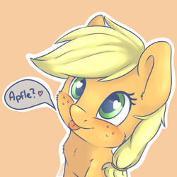 Size: 3200x3200 | Tagged: safe, artist:dbleki, imported from derpibooru, applejack, pony, apple, applebetes, blushing, bust, cheek fluff, chest fluff, cute, female, fluffy, fluffyball, food, hatless, heart, heart eyes, jackabetes, missing accessory, portrait, silly, silly pony, simple background, smiling, solo, sweet dreams fuel, that pony sure does love apples, tongue out, who's a silly pony, wingding eyes