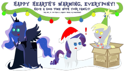 Size: 4961x2835 | Tagged: safe, artist:sketchmcreations, imported from derpibooru, derpy hooves, princess luna, rarity, spirit of hearth's warming yet to come, pegasus, pony, absurd resolution, box, derpy star, female, hat, mare, merry christmas, pointy ponies, santa hat, simple background, tabitha st. germain, transparent background, voice actor joke