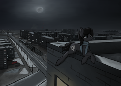 Size: 3800x2700 | Tagged: safe, artist:sinniepony, imported from derpibooru, oc, oc only, oc:sinnie, pony, black mane, blue eyes, city, clothes, darkness, moonlight, night, rooftop, russian, scarf, snow, solo, stalliongrad, winter