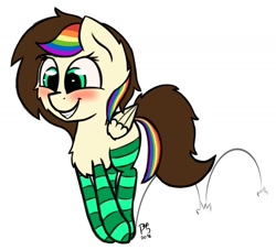 Size: 1779x1613 | Tagged: safe, artist:prismstreak, imported from derpibooru, oc, oc only, oc:prism streak, pony, blushing, cheek fluff, chest fluff, clothes, ear fluff, jumping, rainbow hair, simple background, socks, solo, striped socks, white background