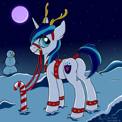Size: 2000x2000 | Tagged: safe, alternate version, artist:meowcephei, imported from derpibooru, shining armor, deer, reindeer, ankle bracelet, anklet, antlers, bridle, butt, christmas, gleaming shield, harness, headband, night, plot, reins, rule 63, santa claus, snow, snowman, solo, tail wrap, winter, ych result