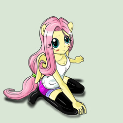 Size: 1000x1000 | Tagged: safe, artist:nekojackun, imported from derpibooru, fluttershy, equestria girls, blushing, clothes, female, kneeling, looking up, missing shoes, ponied up, shorts, simple background, smiling, socks, solo, stockings, tanktop, thigh highs