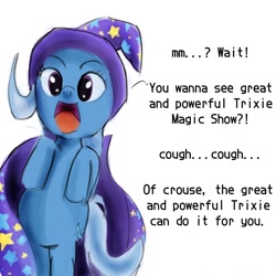 Size: 800x800 | Tagged: safe, artist:mr.candy_owo, imported from derpibooru, trixie, pony, unicorn, cape, clothes, cute, dialogue, female, hat, looking at you, magic, mare, simple background, solo