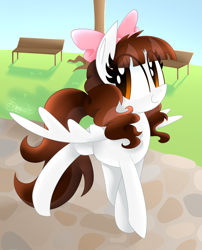 Size: 1700x2100 | Tagged: safe, artist:siggie740, imported from derpibooru, oc, oc only, oc:jennabun, pegasus, pony, bow, cute, hair bow, ocbetes, park bench, pathway, smiling, solo, spread wings