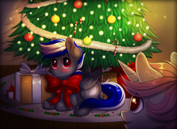 Size: 1920x1400 | Tagged: safe, artist:confetticakez, imported from derpibooru, oc, oc only, pegasus, pony, bow, christmas, christmas tree, present, prone, ribbon, tree