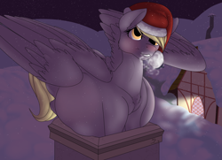 Size: 4000x2900 | Tagged: safe, artist:m-p-l, imported from derpibooru, derpy hooves, pegasus, pony, belly, big belly, blushing, chest fluff, chimney, female, hat, kicking, mare, pregnant, santa hat, snow, solo, stuck