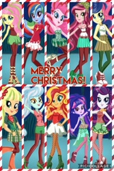 Size: 1024x1536 | Tagged: safe, artist:gouhlsrule, imported from derpibooru, applejack, bon bon, fluttershy, gloriosa daisy, lyra heartstrings, pinkie pie, rainbow dash, rarity, sunset shimmer, twilight sparkle, equestria girls, boots, christmas, clothes, fishnets, hand on hip, high heel boots, high heels, holiday, humane five, humane seven, humane six, lipstick, looking at you, mane six, mary janes, merry christmas, pantyhose, pose, poses, shoes, shorts, skirt