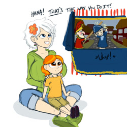 Size: 1000x1000 | Tagged: safe, artist:aa, imported from derpibooru, oc, oc only, oc:dulce deleche, oc:sunny nebels, human, big breasts, breasts, female, humanized, humanized oc, mr. punch, punch and judy show, puppet, puppet show