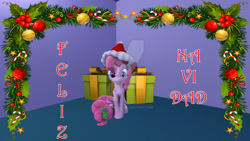Size: 1024x576 | Tagged: safe, artist:juanjobelic, imported from derpibooru, pinkie pie, pony, 3d, female, holly, solo, spanish, watermark
