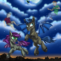 Size: 900x900 | Tagged: safe, artist:swanlullaby, imported from derpibooru, princess luna, oc, bat pony, human, pony, cloud, commission, flying, moon, night, night sky, rule 63, spread wings, stars