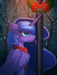 Size: 1610x2125 | Tagged: safe, artist:yakovlev-vad, imported from derpibooru, princess luna, alicorn, pony, annoyed, cheek fluff, chest fluff, christmas, clothes, ear fluff, eyeshadow, female, flag pole, fluffy, frozen, ice, icicle, lamppost, licking, makeup, metal, nightmare luna, pole, scarf, shoulder fluff, slim, slit eyes, slit pupils, snow, snowfall, solo, stuck, tongue out, tongue stuck to pole, wing fluff, winter, winter coat, wreath