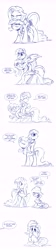 Size: 3561x15823 | Tagged: safe, artist:dilarus, deleted from derpibooru, imported from derpibooru, fluttershy, rainbow dash, absurd resolution, clap your hooves, clapping, comic, cute, dashabetes, hearth's warming, monochrome, ponies riding ponies, size difference, sketch, smoldash, tallershy