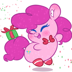 Size: 900x900 | Tagged: safe, artist:dailypinkiepie, imported from derpibooru, pinkie pie, pony, blushing, bowtie, chibi, christmas, chubby, chubby cheeks, clothes, cute, diapinkes, ear fluff, eyes closed, female, happy, jumping, present, simple background, smiling, socks, solo, white background