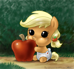 Size: 900x844 | Tagged: safe, artist:johnjoseco, imported from derpibooru, applejack, earth pony, pony, apple, baby, baby pony, babyjack, cute, diaper, female, filly, foal, food, jackabetes, nom, solo