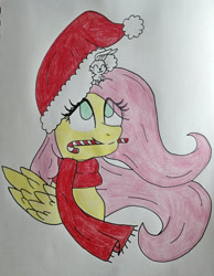 Size: 1413x1820 | Tagged: safe, artist:floral-note, imported from derpibooru, angel bunny, fluttershy, bust, candy, candy cane, clothes, duo, eyes closed, food, hat, looking up, portrait, santa hat, scarf, sitting on head, smiling, traditional art