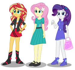 Size: 1903x1783 | Tagged: dead source, safe, artist:drewmwhit, imported from derpibooru, fluttershy, rarity, sunset shimmer, equestria girls, boots, clothes, college, cute, dress, hairpin, hand on hip, handbag, high heel boots, high heels, jacket, leather jacket, looking at you, mary janes, outfits, shoes, simple background, skirt, smiling, transparent background, trio