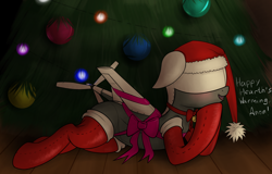 Size: 2560x1637 | Tagged: safe, artist:alignac, artist:jh, deleted from derpibooru, imported from derpibooru, oc, oc only, oc:droner, original species, plane pony, pony, predator drone, bell, bell collar, blushing, bow, christmas, christmas tree, clothes, collar, hat, hearth's warming, plane, ribbon, santa hat, solo, stockings, tree