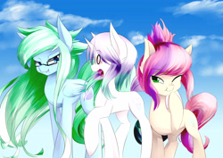 Size: 4093x2894 | Tagged: safe, artist:scynexx, imported from derpibooru, oc, oc only, pegasus, pony, unicorn, absurd resolution, glasses, lidded eyes, one eye closed, smiling, trio