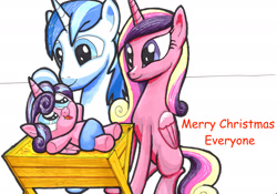 Size: 2338x1638 | Tagged: safe, artist:bbqninja501st, imported from derpibooru, princess cadance, princess flurry heart, shining armor, pony, advent calendar, baby, baby flurry heart, baby pony, blue diaper, cute, daaaaaaaaaaaw, dawwww, diaper, diapered, diapered filly, family, female, filly, flurrybetes, manger, newborn, newborn filly, simple background