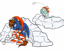 Size: 2500x2000 | Tagged: safe, artist:gtsdev, imported from derpibooru, oc, oc only, oc:seaward skies, oc:sweetwater, pegasus, pony, christmas, clothes, festive, goggles, snow, snowball, snowball fight, socks, striped socks, winter