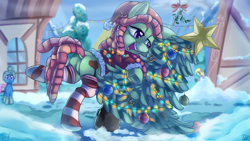 Size: 3000x1688 | Tagged: safe, artist:discorded, artist:pirill, imported from derpibooru, derpy hooves, tree hugger, earth pony, pony, christmas, christmas lights, christmas tree, clothes, collaboration, costume, dock, dreadlocks, featureless crotch, frown, hat, hug, leaning, lidded eyes, literal, mistletoe, name pun, open mouth, raised hoof, santa costume, santa hat, scarf, smiling, snow, socks, solo focus, striped socks, tree, tree hugger hugging a tree, treebutt, underhoof, wide eyes, winter