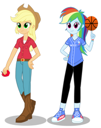 Size: 1478x1862 | Tagged: dead source, safe, artist:drewmwhit, imported from derpibooru, applejack, rainbow dash, equestria girls, basketball, clothes, college, duo, pants, simple background, university, white background