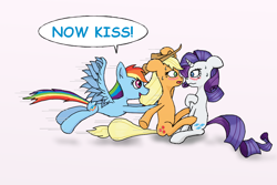 Size: 1200x800 | Tagged: safe, artist:eulicious, imported from derpibooru, applejack, rainbow dash, rarity, blushing, eye contact, female, floppy ears, lesbian, looking at each other, now kiss, rainbow the shipper, rarijack, shipper on deck, shipping, simple background, sweat