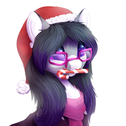 Size: 1024x1024 | Tagged: safe, artist:peachmayflower, imported from derpibooru, oc, oc only, pony, candy, candy cane, clothes, commission, cute, food, glasses, hat, ocbetes, santa hat, scarf, simple background, solo, white background