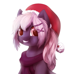 Size: 1024x1024 | Tagged: safe, artist:peachmayflower, imported from derpibooru, oc, oc only, pony, cute, hairpin, hat, looking at you, ocbetes, santa hat, smiling, solo