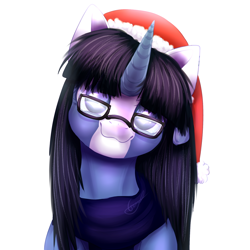 Size: 1024x1024 | Tagged: safe, artist:peachmayflower, imported from derpibooru, oc, oc only, pony, unicorn, clothes, commission, cute, hat, looking at you, ocbetes, santa hat, scarf, simple background, smiling, solo, white background