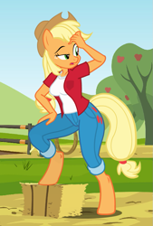 Size: 635x937 | Tagged: safe, artist:flash equestria photography, imported from derpibooru, applejack, anthro, unguligrade anthro, clothes, cowboy hat, female, hat, hay bale, jeans, looking back, pants, pose, rope, show accurate anthro, solo