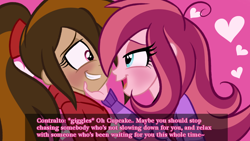 Size: 1024x576 | Tagged: safe, artist:wubcakeva, imported from derpibooru, oc, oc only, oc:contralto, oc:cupcake slash, equestria girls, bedroom eyes, blushing, clothes, dialogue, disguised siren, female, heart, lesbian, looking at each other, smiling