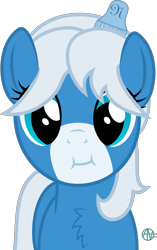 Size: 1406x2233 | Tagged: safe, artist:arifproject, imported from derpibooru, oc, oc only, oc:notification, earth pony, pony, derpibooru, :i, adorable face, arif's scrunchy pone, chest fluff, cute, derpibooru ponified, female, hair ornament, looking at you, mare, meta, ocbetes, ponified, simple background, smiling, solo, transparent background, vector