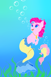 Size: 2834x4251 | Tagged: safe, artist:schokocream, imported from derpibooru, fluttershy, pinkie pie, earth pony, fish, mermaid, merpony, absurd resolution, ariel, bubble, duo, fishified, flounder, flounder (the little mermaid), floundershy, flutterfish, jewelry, looking up, mermaidized, necklace, partiel, pinkie tales, species swap, the little mermaid, underwater