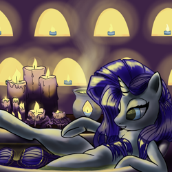 Size: 1500x1500 | Tagged: safe, artist:akayuki, imported from derpibooru, rarity, pony, bathtub, candle, female, relaxing, solo, wet, wet mane, wet mane rarity