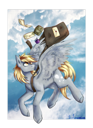 Size: 1024x1418 | Tagged: safe, artist:mranonim, imported from derpibooru, derpy hooves, pegasus, pony, female, flying, letter, mailbag, mailmare, mare, solo