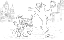 Size: 960x600 | Tagged: safe, artist:samaerro, imported from derpibooru, fluttershy, harry, bear, balalaika, hat, klyukva, kremlin, monochrome, moscow, musical instrument, red square, russia, soviet, st. basil's cathedral, stereotype, ushanka