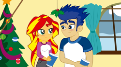 Size: 960x539 | Tagged: safe, artist:conikiblasu-fan, imported from derpibooru, flash sentry, sunset shimmer, equestria girls, clothes, flashimmer, holly, holly mistaken for mistletoe, male, shipping, straight