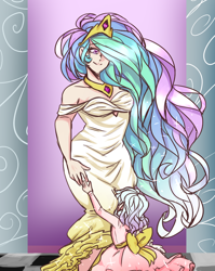 Size: 816x1026 | Tagged: safe, artist:missyandi, imported from derpibooru, princess celestia, oc, oc:lucina, human, hybrid, clothes, dress, hug, humanized, interspecies offspring, momlestia, mother and daughter, offspring, parent:discord, parent:princess celestia, parents:dislestia, smiling