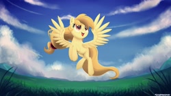 Size: 3840x2160 | Tagged: safe, artist:lilapudelpony, imported from derpibooru, oc, oc only, oc:alice goldenfeather, pegasus, pony, cloud, cute, field, flying, happy, ocbetes, sky, solo, spread wings