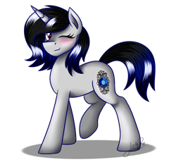 Size: 1250x1150 | Tagged: safe, artist:jack-pie, imported from derpibooru, oc, oc only, oc:sapphire moon, pony, unicorn, looking at you, one eye closed, smiling, solo, wink