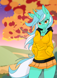 Size: 1280x1727 | Tagged: safe, artist:ambris, artist:flawlessvictory20, edit, imported from derpibooru, lyra heartstrings, anthro, breasts, cleavage, clothes, colored, curved horn, cute, cutie mark accessory, ear piercing, earring, female, hoodie, implied lesbian, implied lyrabon, jewelry, lidded eyes, looking at you, lyrabetes, miniskirt, moe, necklace, piercing, pleated skirt, scenery, skirt, smiling, solo, thighs, tree, windswept mane